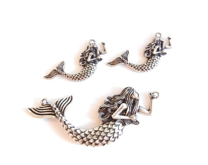 Set of Curved Mermaid Pendant and Charms Antique Silver-tone