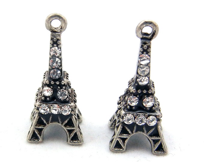 Pair of Antique Silver-tone Eiffel Tower Charms Topaz Rhinestones