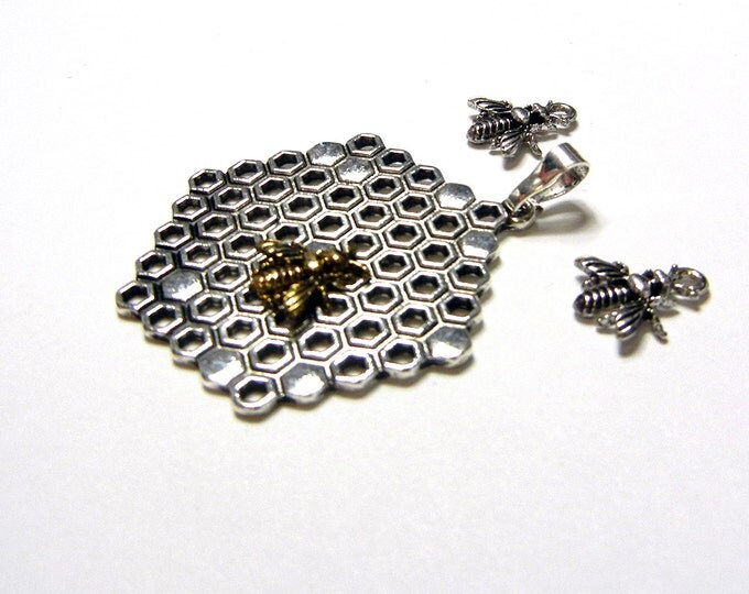 Set of Two-tone Honeycomb and Bee Pendant and Charms