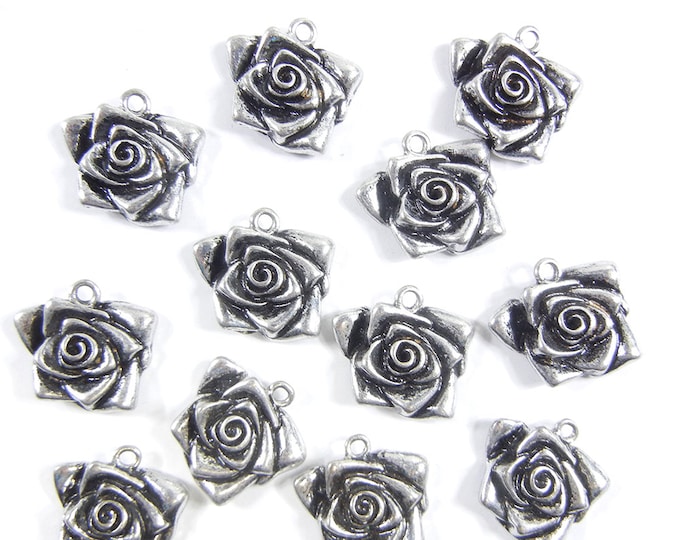 Set of 12 Antique Silver-tone Flower Charms