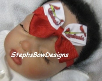 STL Saint Louis Cardinals BaseBall Small Dainty Hair Bow Red Lace Headband, 4 Baby, Newborn, Preemie, Toddler, Infant MLB St Louis
