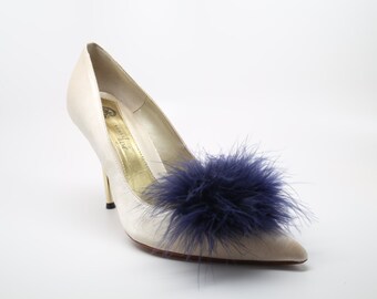 Detachable Feather Puff Pom Pom Shoe Clips Set of Two Navy Blue