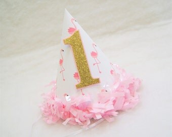 NEW Pink Flamingo Party Hat with Gold Glitter Number - pink tissue fringe trim, flamingo birthday party, gold and pink party