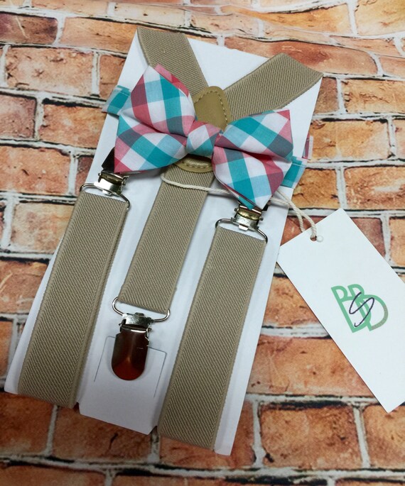 Little Boys Bow Tie and Suspender Set Aqua Salmon Plaid