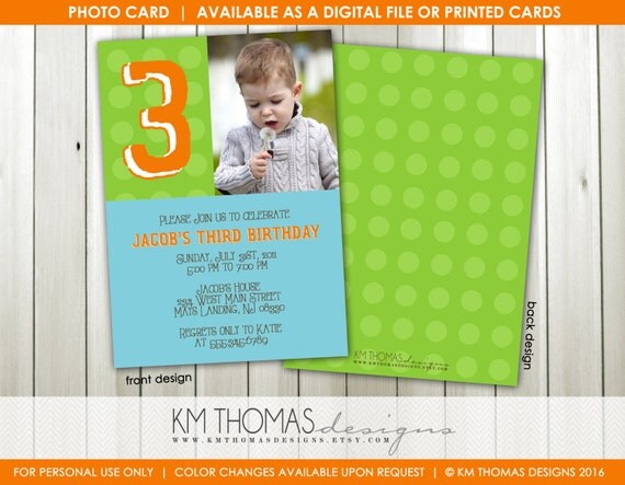 Personalized Polka Dot Photo Birthday Invitation : 3rd Birthday Photo Invitation - Polka Dot Boy Birthday Invite - Green and Blue - BD148 Il_570xn