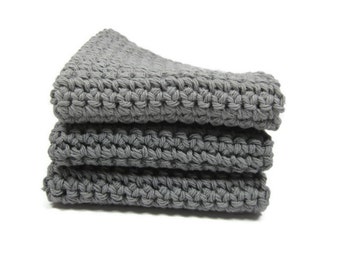 Gray Crochet Cotton Dish Cloth Wash Cloth Set of Three
