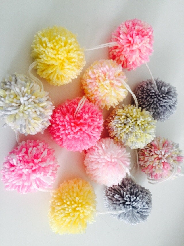 Pom Pom garland handmade 10 yarn bobble Pom poms pinks