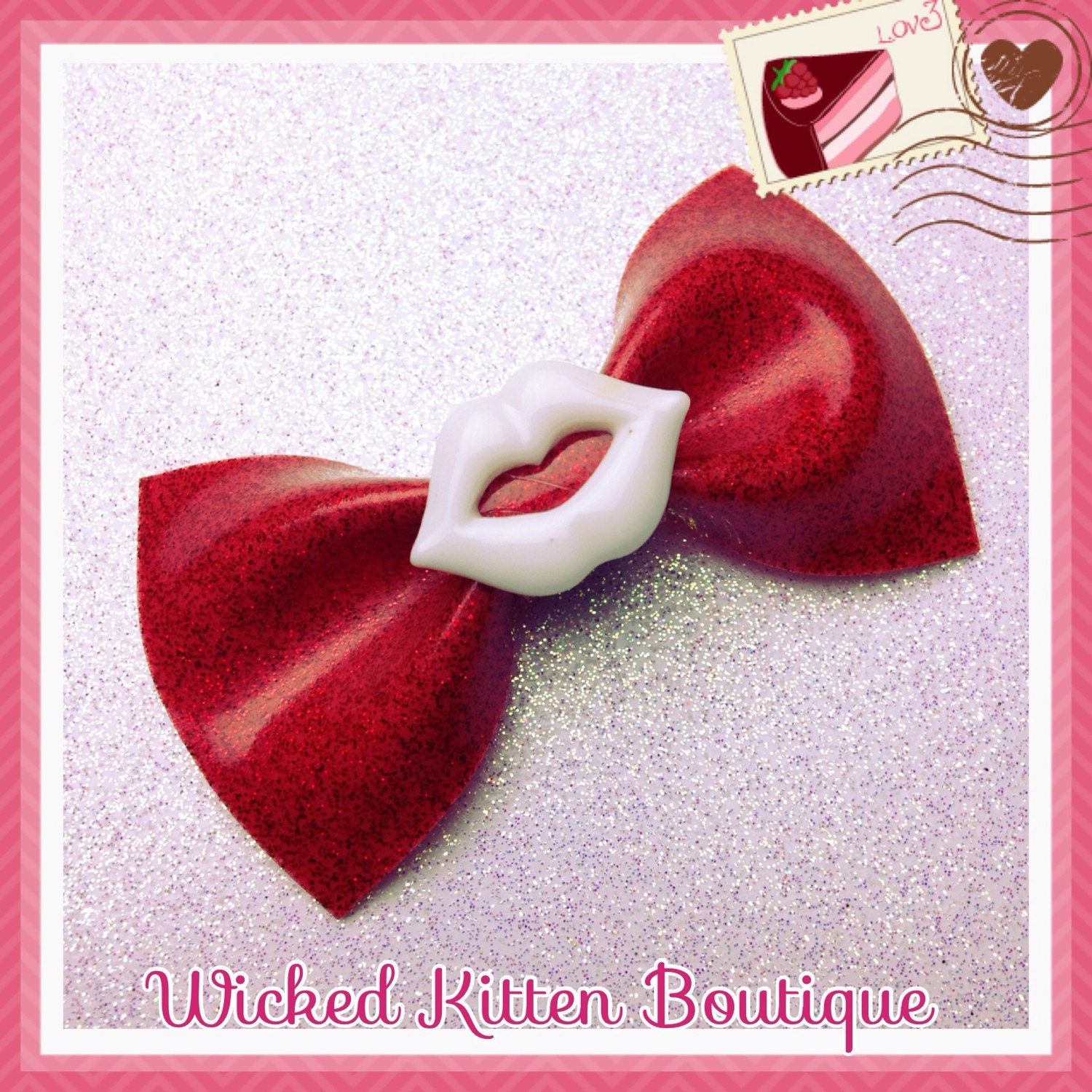 Red Glitter Vinyl Hair Bow small white lips Rockabilly Bow