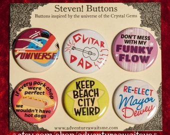 Steven Universe Pinback Button Set - pins badges quotes greg guitar dad funky flow keep beach city weird mayor dewey crystal gems