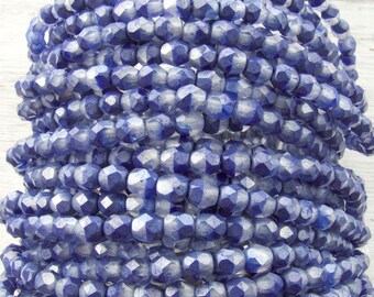 4mm Faceted 2 Tone Matte Opaque Dark Purple and Crystal Firepolish Czech Glass Beads - Qty 50 (DW58)