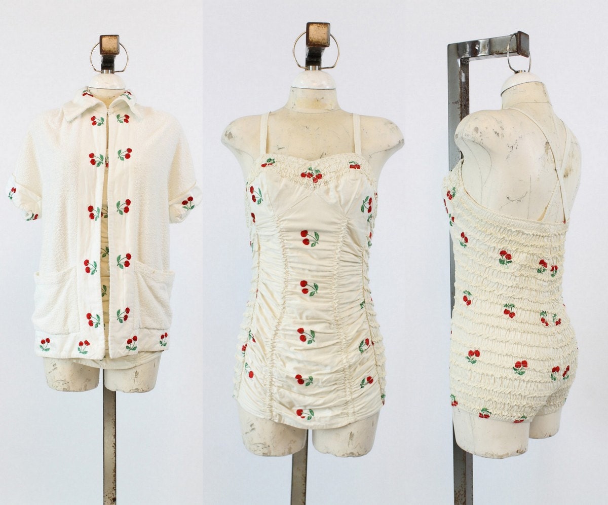 50s Jantzen Cherry Swimsuit Small Medium / 1950s Vintage