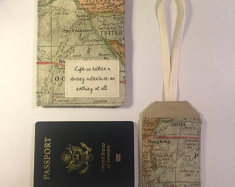 Passport Cover and Luggage Tag Set, life is either a daring adventure or nothing at all", family passport case