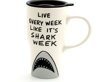 Shark week ceramic travel mug