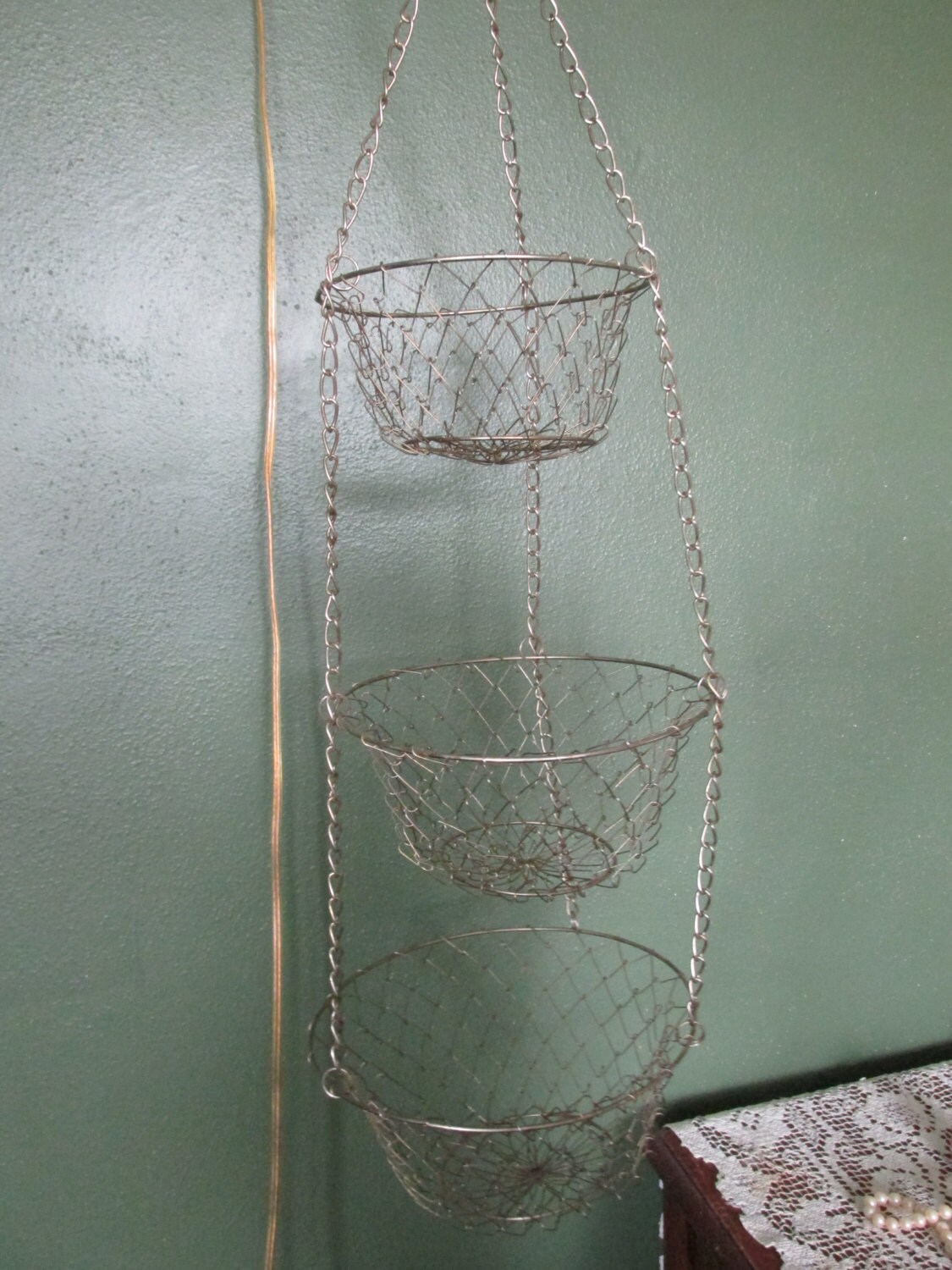 Wire Mesh Baskets 3 Tiered Hanging Brass Colored