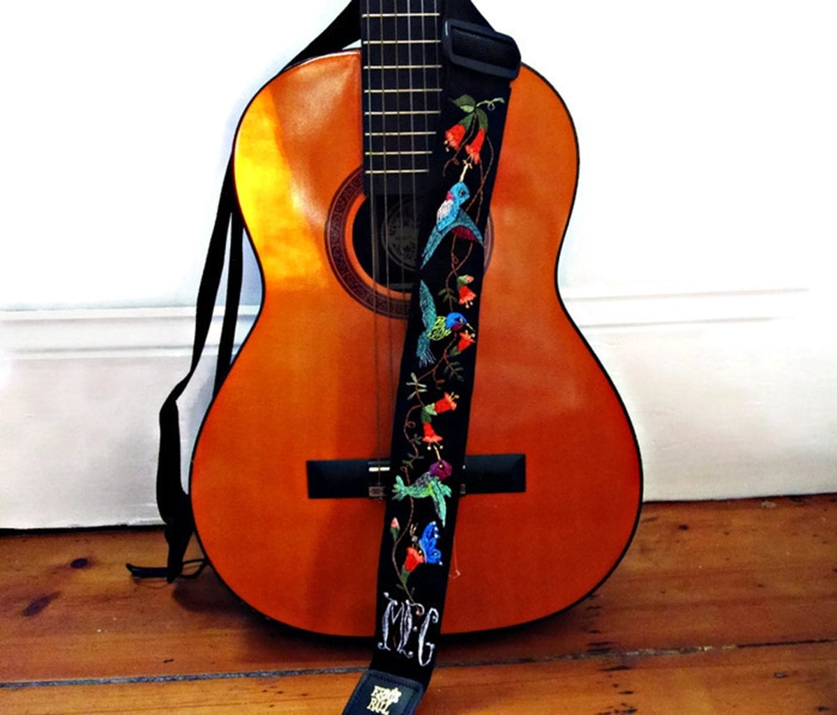 Custom Gibson Hummingbird Guitar Strap/ Hand Embroidered