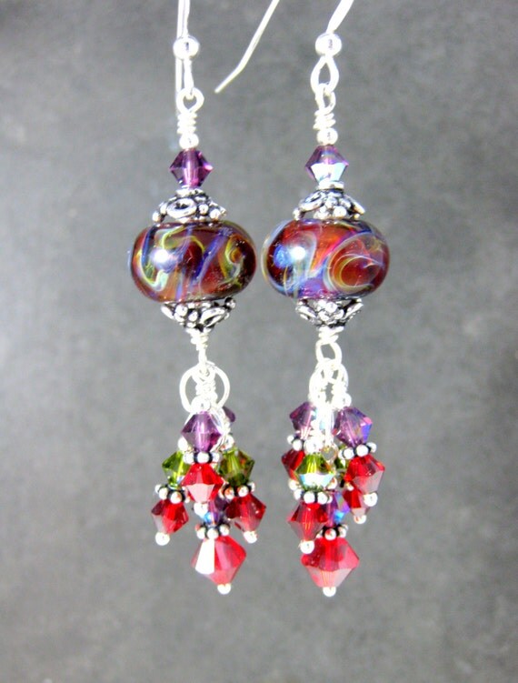 Colorful Glass And Crystal Dangle Earrings Red Purple Green 4237