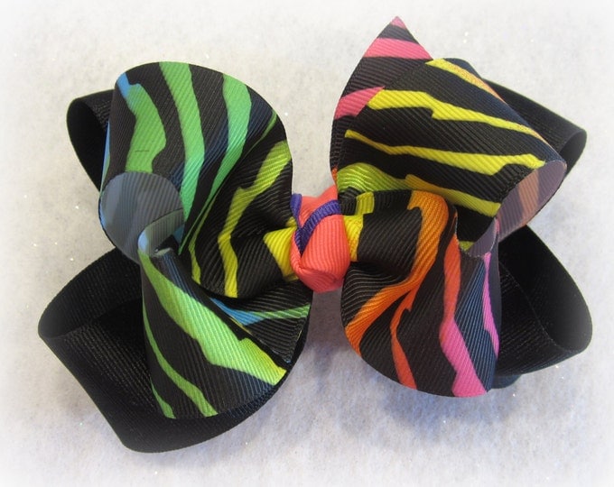 Black Rainbow Colorful Zebra Hair Bow Fabulous Double Layered Boutique Animal Print Hairbow Lush with Spikey Edges for Baby to Little Girl