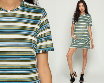 60s Mod Dress MINI Striped 1960s Shift Space Age Stewardess Vintage Twiggy Pocket Short Sleeve Sixties Minidress Blue White Yellow Medium