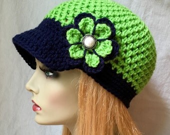 Seattle Seahawks Lime Green, Blue Womens Hat, Crochet Beret, Teens, Sports Team , Birthdays Gifts for Her, JE660B2