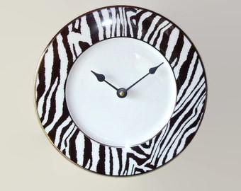 SILENT Black and White Zebra Wall Clock, African Animal Print Clock, Porcelain Plate Clock, Unique Wall Decor, Kitchen Clock 2053