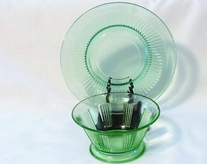 Vaseline Green Serving Dishes, Two Saucers and Small Dessert Bowl, Green Depression Glass, 3 Piece Glass Serving Set, Vaseline Glass Set