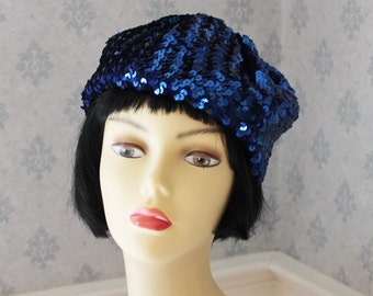 Vintage 1960s Sparkling Blue Sequin Gavroche Designer Knit Hat