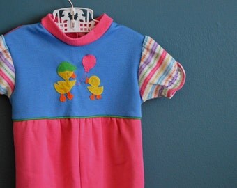 Vintage Toddler Girl's Pink and Blue Jumpsuit with Duck Appliques - Size 12-18 Months