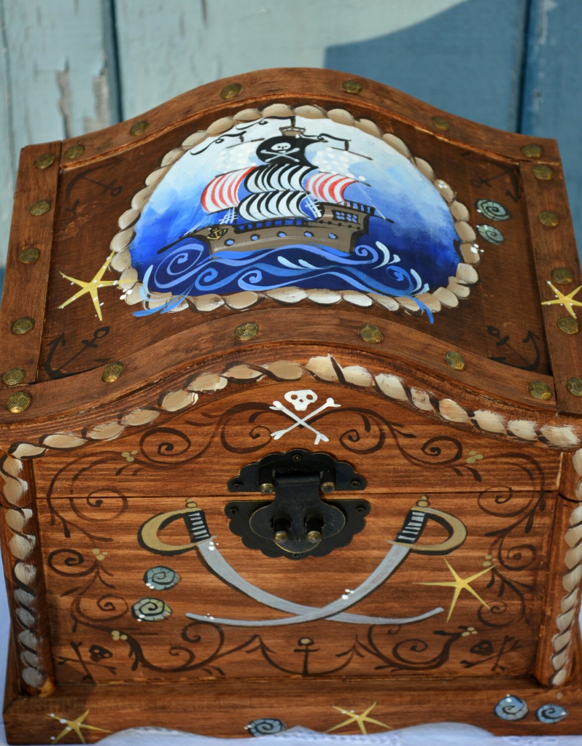 Extra Large Pirate treasure chest HAND PAINTED with Ship
