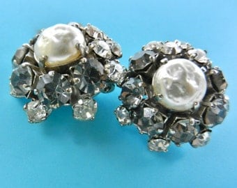 Charming 40s baroque pearl and black diamond earrings-breathtaking Haskell style earrings silver settings & attractive sparkle-Art.229/4--