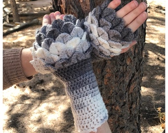 Ombre Color Gloves PATTERN - Fingerless Gloves - Dragon Scales - Dragon Fingerless Mittens - Crochet Pattern - Adult Gloves Pattern