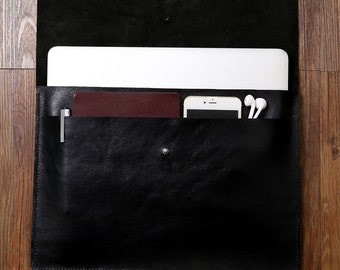ALL BLACK handmade leather macbook sleeve case for new macbook 12 " / macbook air 11 " 13 " / macbook pro retina cover bag MACX09D