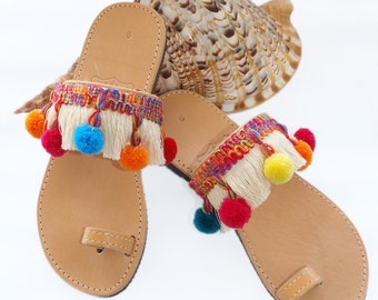 Pom Pom Sandals, Leather Sandals, Greek Sandals, Boho Sandals, Colourful Sandals, Fringe Sandals, Lace Sandals, Summer Shoes, Bohemian Style