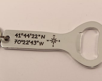 Personalized, Bottle Opener Keychain - your choice of text - coordinate bottle opener - gps bottle opener - custom bottle opener
