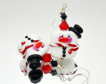 Ice Cube Snowman Earrings, Lampwork Earrings, Glass Snowman Earrings, Fun Christmas Earrings, Whimsical Earrings, Beadwork Earrings