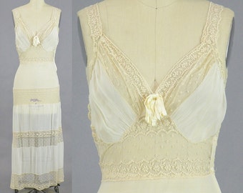 1930s Lace Nightgown, 30s Lingerie, Sheer Silk and Lace Bridal Slip, Beau Monde 32 Bust