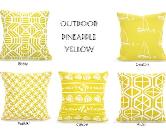 OUTDOOR Yellow Pillow Covers, Nautical Beach Pillows, Nautical Cushions Pineappe Yellow White Patio Sun Room All Sizes Mix & Match