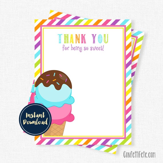 Ice Cream Thank You Cards Ice Cream Party Birthday Thank You