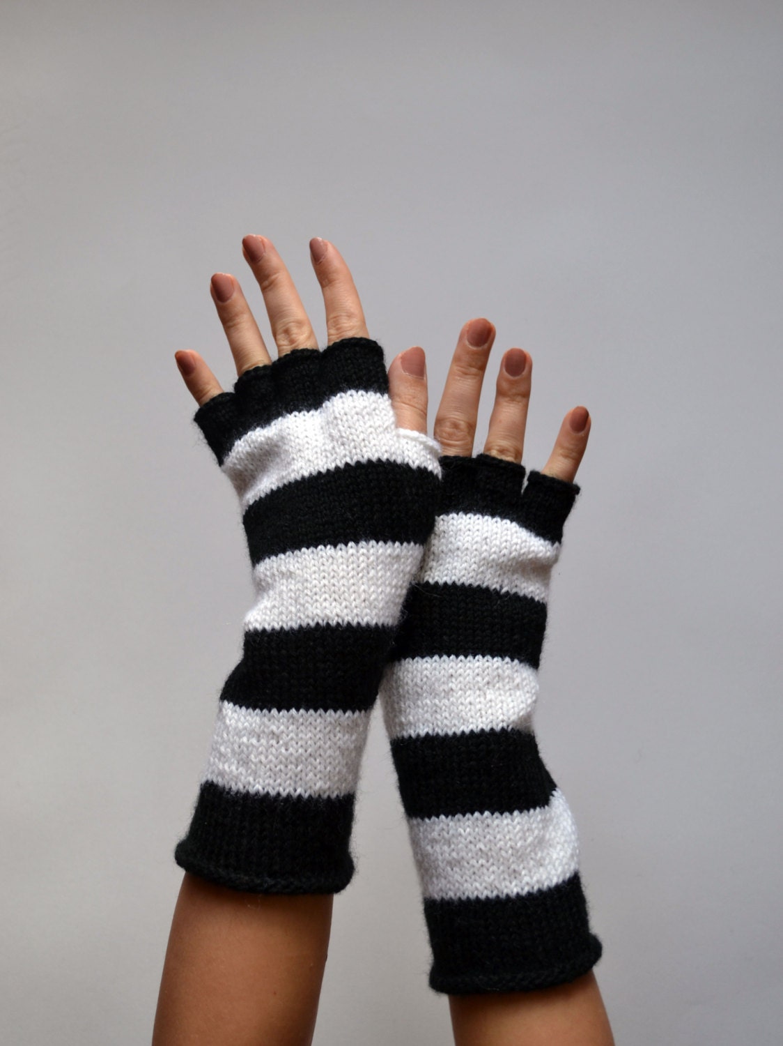 Striped Fingerless Gloves Long Striped Black and by lyralyra