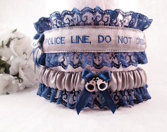 State Trooper Wedding Garters - Handcrafted Police Line DO Not Cross Garter Set - Something Blue Garter Belt