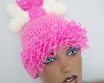 Hot pink Crochet Flintstone Inspired Pebbles Wig Hat,Hot pink Hair Beanie with Swirl Bun,Baby Girl Halloween Costume