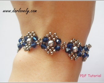 Beaded Bracelet Pattern - Blue Silver Pearl Metal Bracelet (BB025) - Beading Jewelry PDF Tutorial (Digital Download)