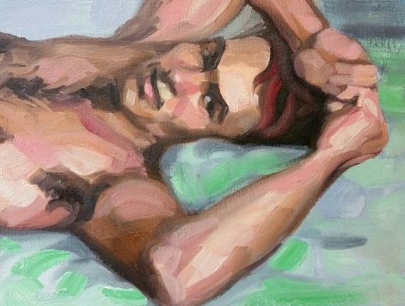 Handsome Young Man in Bed, oil on canvas panel 9 x 12 inches Kenney Mencher www.Kenney-Mencher.com