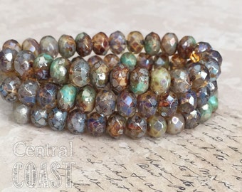 8mm x 6mm Czech Glass Heavy Picasso Bead Spacer Rondelle Rondell (10) Bohemian Luxe Champagne Turquoise Opalite Mix - Central Coast Charms
