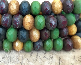 8mm x 6mm Czech Glass Bead Spacer Rondelle Donut (10) Bohemian Old World Mix - Yellow Green Red Blue Heavy Picasso - Central Coast Charms