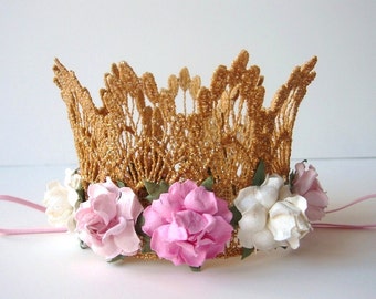 First Birthday Baby Gold Lace Crown - Pink and Ivory Flowers - Baby Gold Crown - Photo - First Birthday Cake Smash - Baby Crown Headband