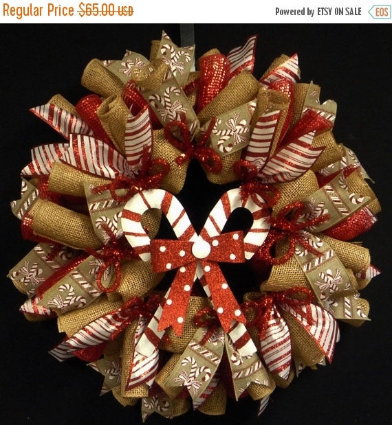 END of YEAR SALE Burlap Christmas Wreath, Candy Cane Wreath, Red Natural Wreaths, Deco Mesh Wreaths (1357)