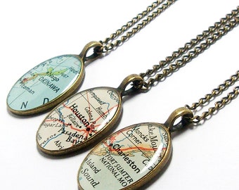 CUSTOM Vintage Map Oval Necklace. You Select Location Worldwide. One Necklace. Map Pendant. Map Jewelry. Personalized. Travel Gifts For Her