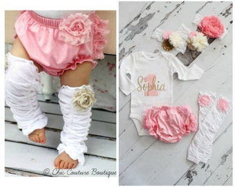 Baby Girl 1st Birthday Outfit Cake Smash Set up to 4 Items 1 & Personalized Name Bodysuit, Lace Bloomers Diaper Cover, Leg Warmers, Headband