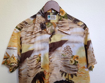 Vintage Waikiki Holiday Hawaiian shirt, 60s 70s Aloha shirt, brown orange yellow, retro 1960s 1970s, tiki luau, rare RN 26818, 48 chest size