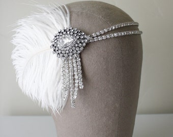 Flapper Headband, Bridal Hairpiece, The Great Gatsby Headpiece, Vintage Inspired, 1920s, 1930s, Party, Roaring 20s, Ivory, Blush Feather 102